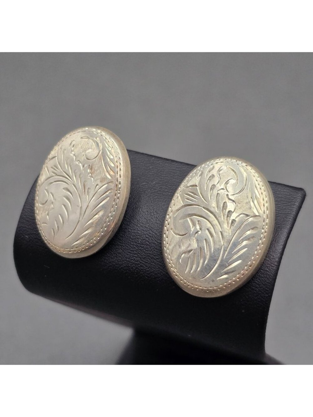 Vintage Sterling Silver Oval Etched Floral Stud Earrings 1.25" Signed FG 925